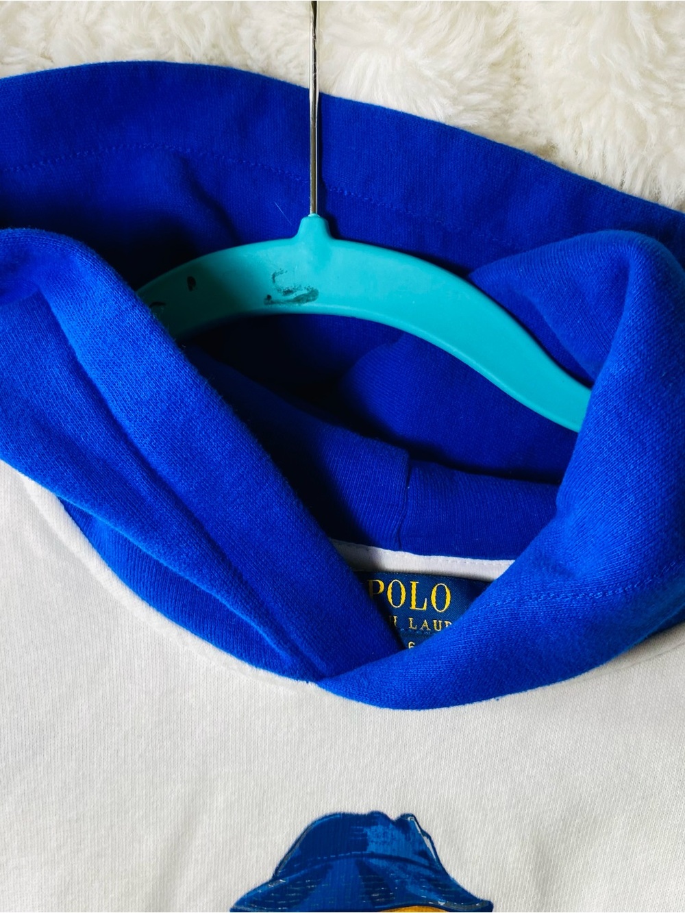 Polo by Ralph Lauren White Hoodie with Blue Hood, Green Hem & Colorful Trim - Picture 8 of 10